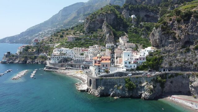 The beaches of Amalfi in Italy, Amalfi coast, filmed by drone 4k