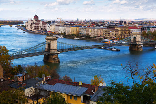 Historical center of Budapest with Chain Bridge and Parliament in Hungary.