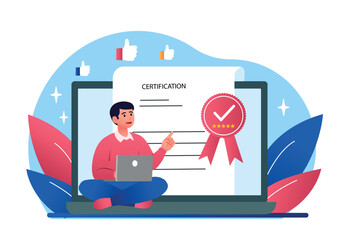 Website certification concept. Young man uses laptop to search for information on Internet. Trusted Resources and Online safety, reliable sources to education. Cartoon flat vector illustration