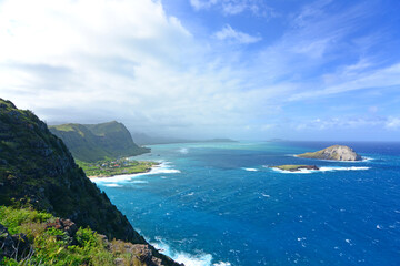 View towards Waimanalo and Rabbit Island from Makapuu lighthouse hike on the windward side of Oahu island in Hawaii