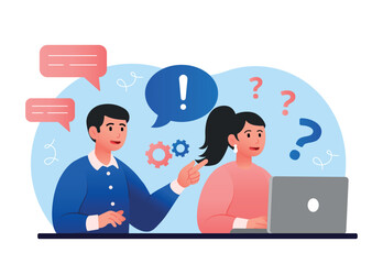 Man and woman on internship. Employees in office, future colleagues. Students trained for future professions, young professionals. Self development and training. Cartoon flat vector illustration