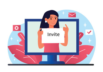 Invite friend concept. Young girl sends link. Opinion leader and modern methods of marketing on Internet, popular personality, special offers. Refer friend metaphor. Cartoon flat vector illustration