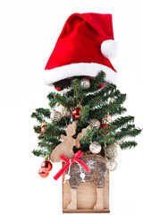 Mini Christmas tree with Santa hat isolated on white