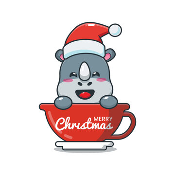 Cute rhino wearing santa hat in cup. Cute christmas cartoon illustration.