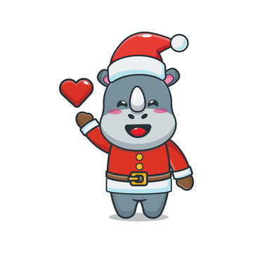 Cute rhino wearing santa costume. Cute christmas cartoon illustration.