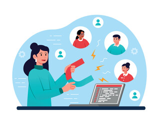 New leads concept. Young woman with magnet calls customers, expansion of company, organization or business. Modern internet marketing, SEO or SMM specialist. Cartoon flat vector illustration