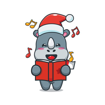 Cute rhino sing a christmas song. Cute christmas cartoon illustration.