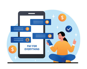 Online payment concept. Woman with smartphone in hands transfers funds. Cashless payment and online shopping. Banking mobile application, financial transactions. Cartoon flat vector illustration