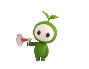 Leaf Mascot character speaking in megaphone in 3d rendering.
