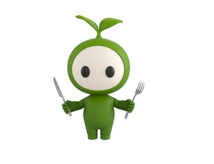 Leaf Mascot character holding cutlery in 3d rendering.