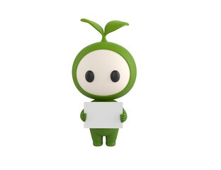 Leaf Mascot character holding a blank billboard in 3d rendering.