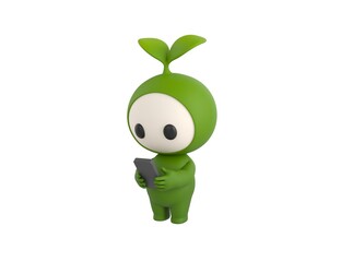 Leaf Mascot character types text message on cell phone in 3d rendering.