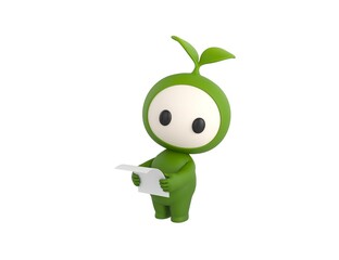 Leaf Mascot character reading paper and looking to camera in 3d rendering.