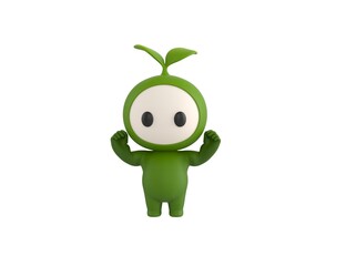 Leaf Mascot character raising two fists in 3d rendering.