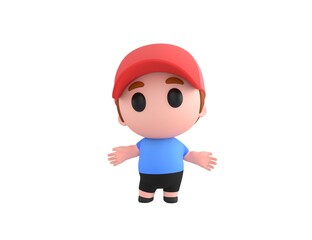 Little Boy wearing Red Cap character spreading his hands in 3d rendering.