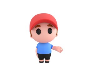 Little Boy wearing Red Cap character giving his hand in 3d rendering.