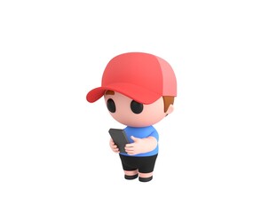 Little Boy wearing Red Cap character types text message on cell phone in 3d rendering.