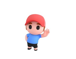 Little Boy wearing Red Cap character hold hand near ear listening rumors in 3d rendering.