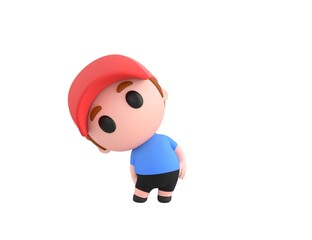 Little Boy wearing Red Cap character tilt body to side in 3d rendering.