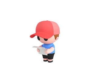 Little Boy wearing Red Cap character reading paper in 3d rendering.