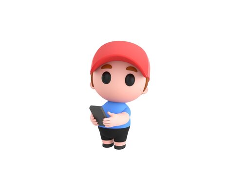 Little Boy wearing Red Cap character using smartphone and looking to camera in 3d rendering.