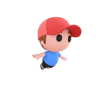 Little Boy wearing Red Cap character flying in 3d rendering.