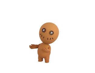 Little Voodoo Doll character doing welcome gesture in 3d rendering.