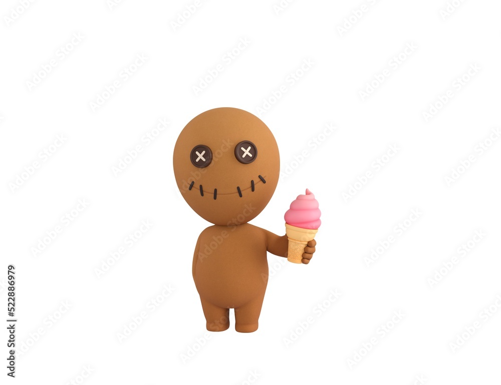 Wall mural little voodoo doll character holding strawberry ice cream cone in 3d rendering.