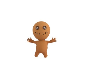 Little Voodoo Doll character jumping in 3d rendering.