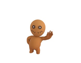 Little Voodoo Doll character hold hand near ear listening rumors in 3d rendering.