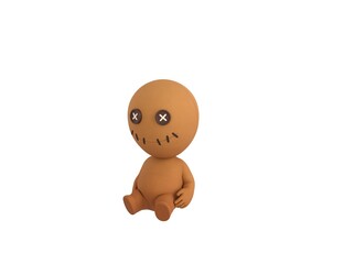 Fototapeta premium Little Voodoo Doll character sitting on the ground in 3d rendering.