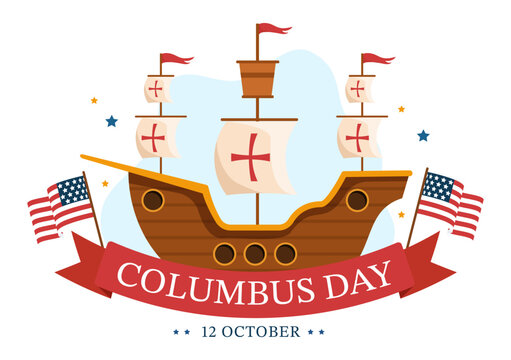 Happy Columbus Day National Holiday Hand Drawn Cartoon Illustration with Blue Waves, Compass, Ship and USA Flags in Flat Style Background