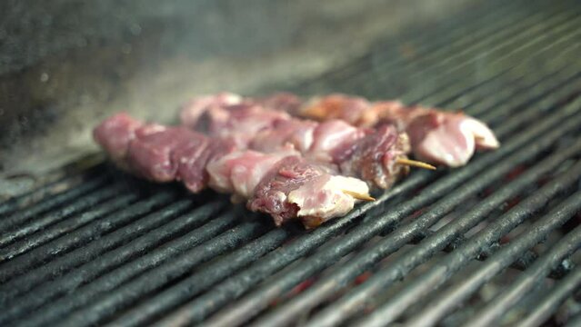 Beef steak and sausage on a Barbecue in a restaurant