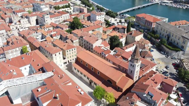A close view from above the city of Zara in Croatia, filmed by drone in 4k