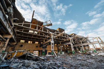 Part of destroyed industrial building at demolition site