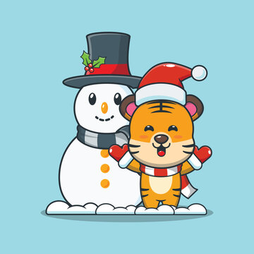 Cute tiger with Snowman. Cute christmas cartoon illustration.
