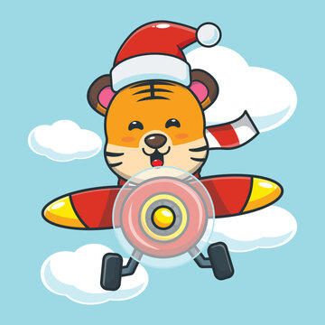 Cute tiger wearing santa hat fly with plane. Cute christmas cartoon illustration.