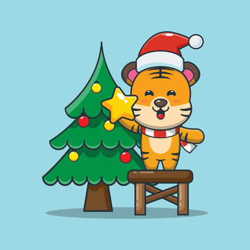 Cute tiger taking star from christmas tree. Cute christmas cartoon illustration.