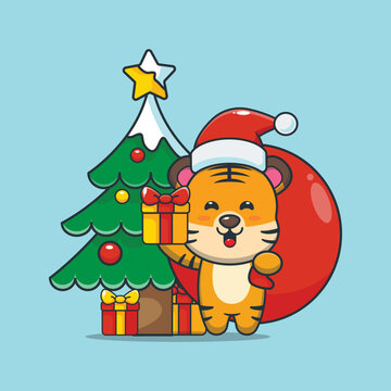 Cute christmas tiger carrying christmas gift. Cute christmas cartoon illustration.