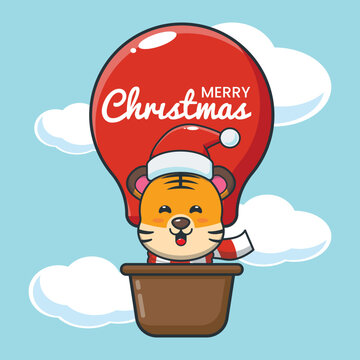 Cute tiger fly with air balloon. Cute christmas cartoon illustration.