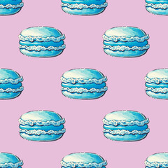 Background with macaroons, pattern. Watercolor illustration on a pink background.