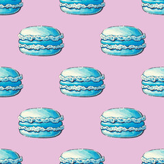 Background with macaroons, pattern. Watercolor illustration on a pink background.