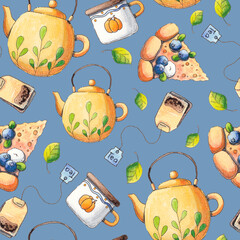 Autumn illustration: tea and cake. Seamless background, pattern . Watercolor illustration.