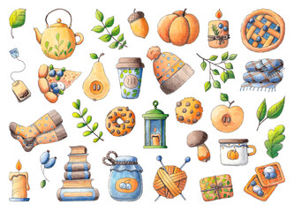 A set of autumn watercolor illustrations on a white background: tea, warmth, comfort, pastries, harvest.