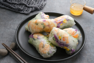 Vegetable spring roll, fresh roll salad made from mix vegetables and shrimp