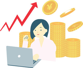 パソコンで上昇グラフを見て喜ぶ女性　/お金/投資/稼ぐ