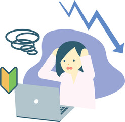 グラフが下がって頭を抱える初心者の女性