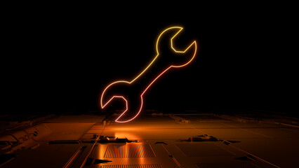 Orange and Yellow neon light tool icon. Vibrant colored Configure technology symbol, on a black background with high tech floor. 3D Render