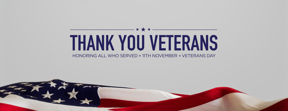 Authentic Banner for Veterans Day with American Flag and White Background.