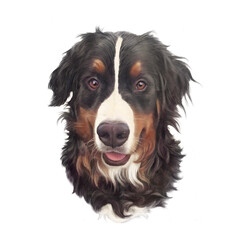 Head of Bernese Mountain Dog isolated on white background. Realistic Portrait of cute Large Dog. Animal art collection: Pets. Hand drawn pet illustration. Design template for t shirt, pillow, banner